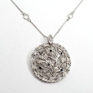 Silvertone Round Floral Filigree Pendant Necklace Clear Blue Rhinestone Crystal